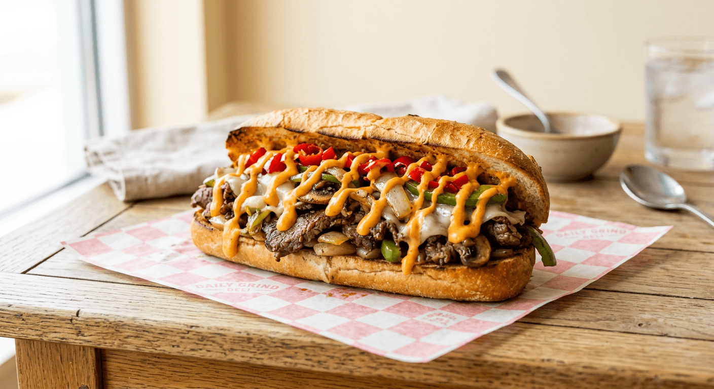 King Louie cheesesteak loaded with peppers and mushrooms