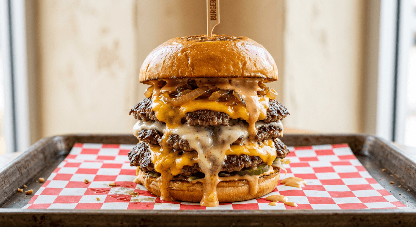 Three Patty Fatty burger with three cheeses
